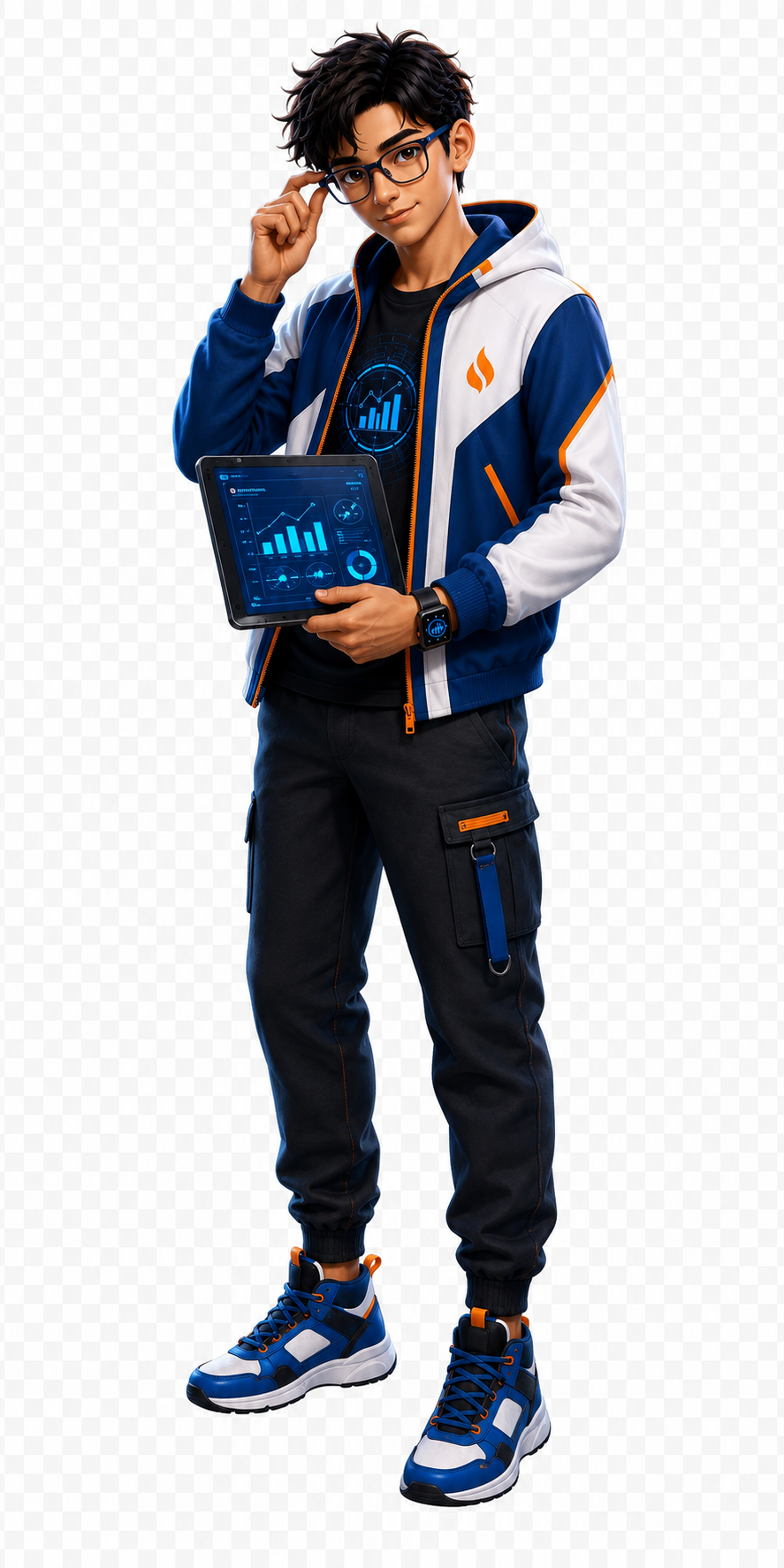 Insight the Analyst, a Career Squad guide holding a tablet showing data charts